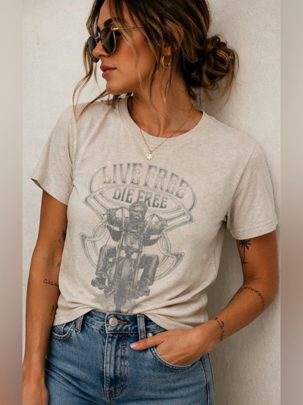Lucky Brand Live Free Die Free Biker Graphic Tee Vintage Fade M Unisex